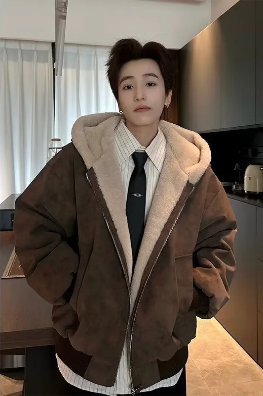 Winter New Fashion Men Black Grey Brown Solid Color Long Sleeve Hooded Thicken Parkas Male Casual Simple Basic Daily Coats Tops