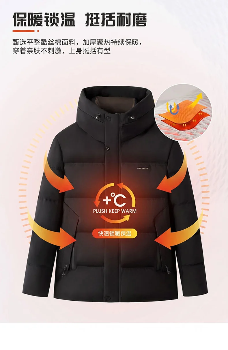 Winter New Style Business Casual Men Parkas Solid Color All-match Outerwear Hooded Windproof Warm Male Clothes Fashion Thicken