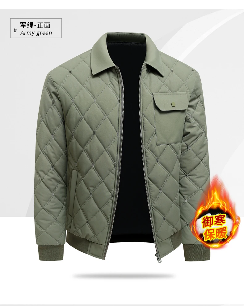 Autumn Winter Lapel Rhombus Quilted Lightweight Cotton Coat For Men Business Casual Warm Short Outerwear For Male Daily Commute