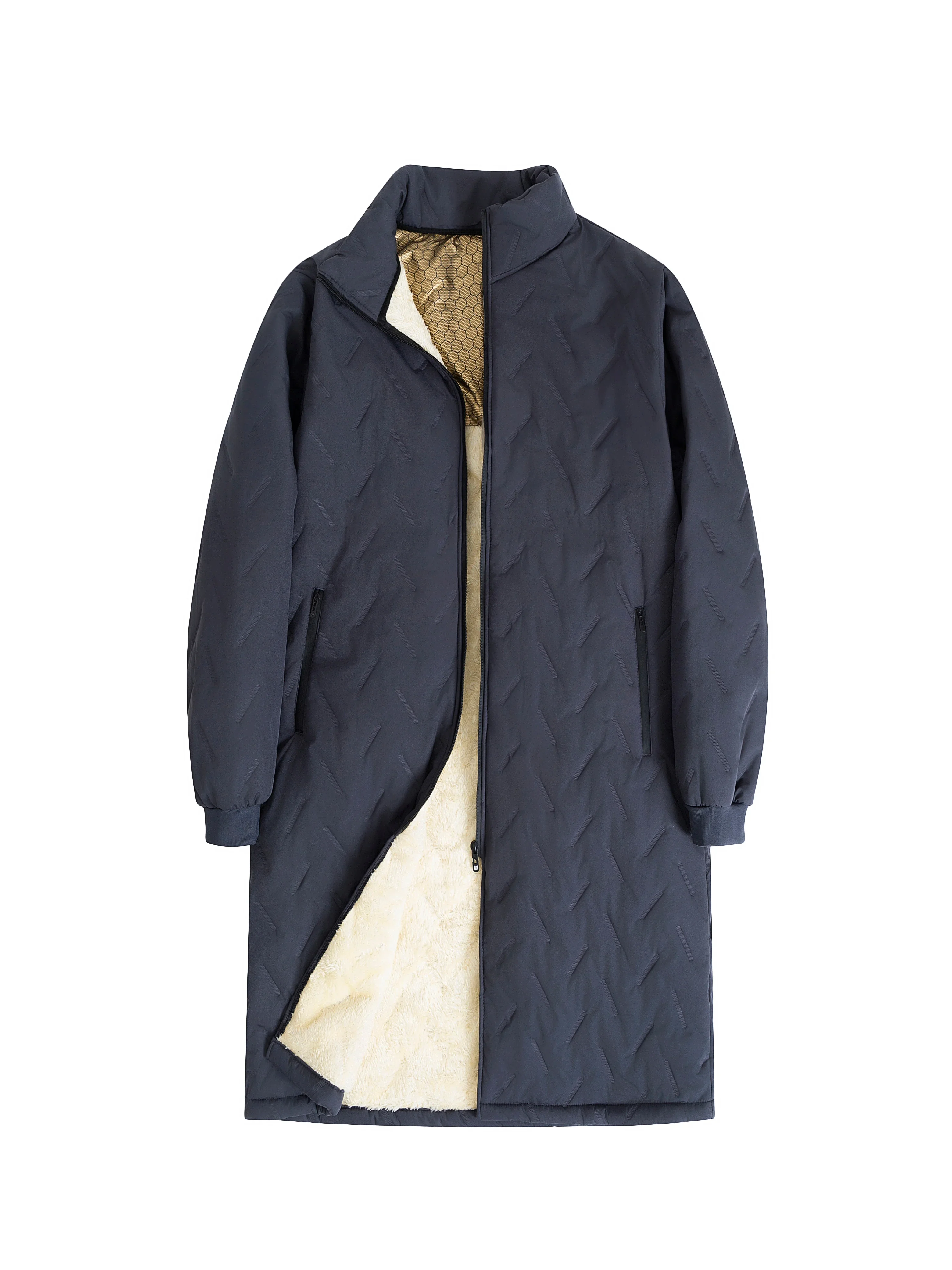 Men's Mid Length Parka Coat Autumn Embossed Quilted Ultrasonic Parkas Man Winter Lambswool Fleece Lined Jackets Thick Outerwear