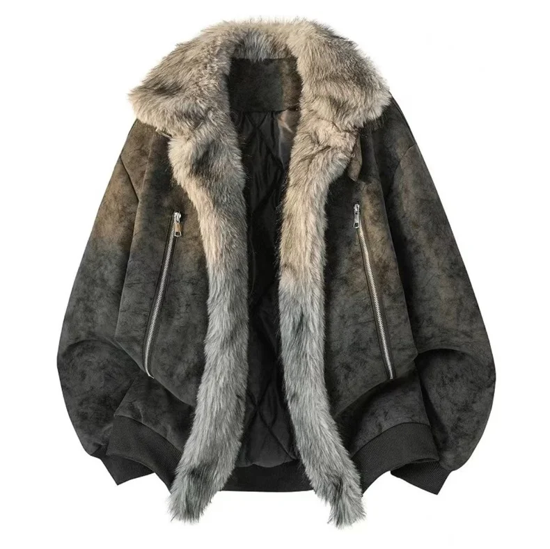 Men New Vintage Parkas Men Loose Brushed High End Fur Collar Coat Men Fashion Casual Clothing Coat Men Plus Velvet Outerwear