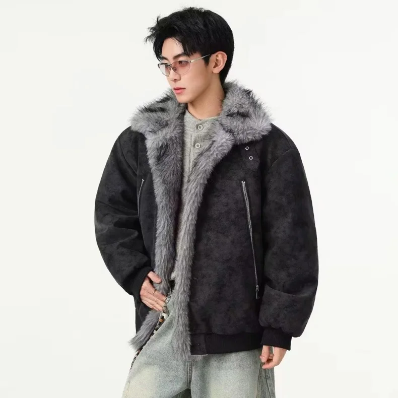Men New Vintage Parkas Men Loose Brushed High End Fur Collar Coat Men Fashion Casual Clothing Coat Men Plus Velvet Outerwear