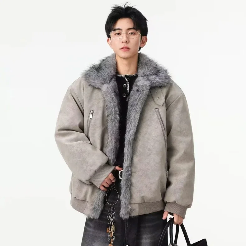 Men New Vintage Parkas Men Loose Brushed High End Fur Collar Coat Men Fashion Casual Clothing Coat Men Plus Velvet Outerwear