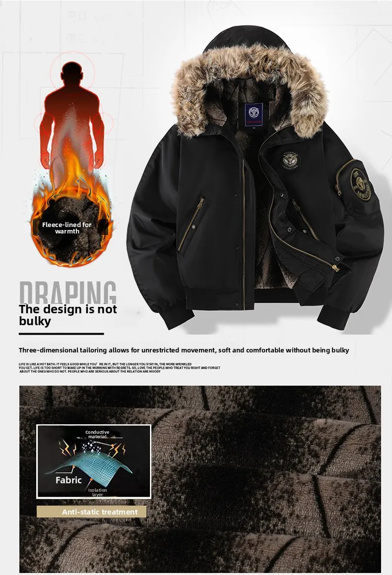 Men's Fashion Cargo Thick Warm Jackets With Fur Hood With Multi Pockets Fleece Lined Thermal Overcoat Windproof Outerwear