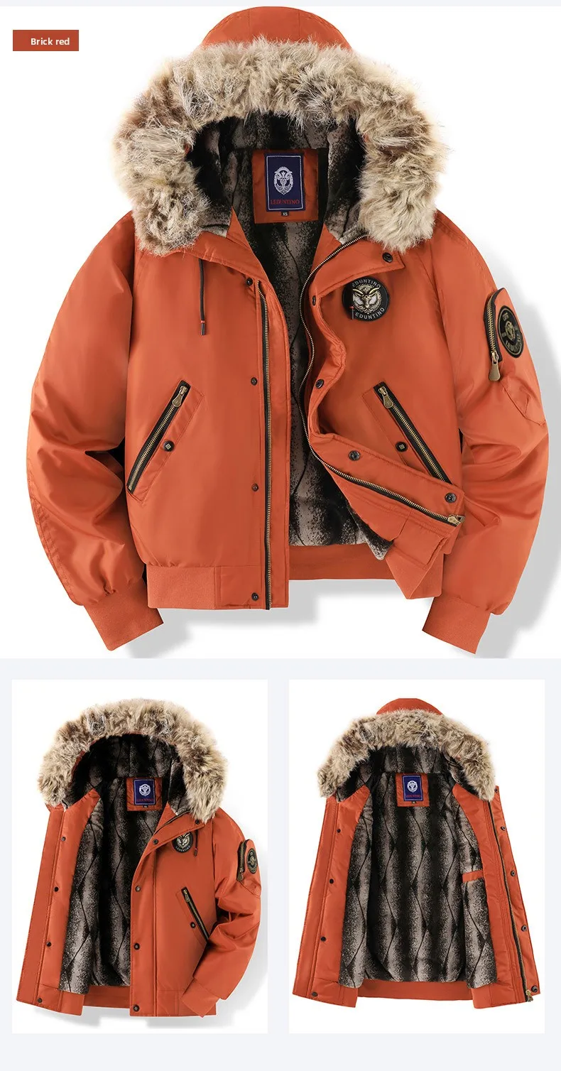 Men's Fashion Cargo Thick Warm Jackets With Fur Hood With Multi Pockets Fleece Lined Thermal Overcoat Windproof Outerwear