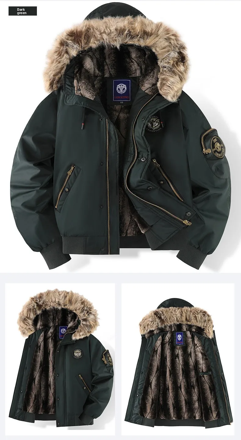 Men's Fashion Cargo Thick Warm Jackets With Fur Hood With Multi Pockets Fleece Lined Thermal Overcoat Windproof Outerwear