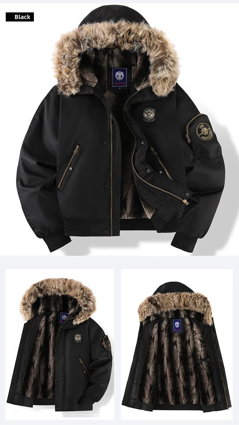 Men's Fashion Cargo Thick Warm Jackets With Fur Hood With Multi Pockets Fleece Lined Thermal Overcoat Windproof Outerwear