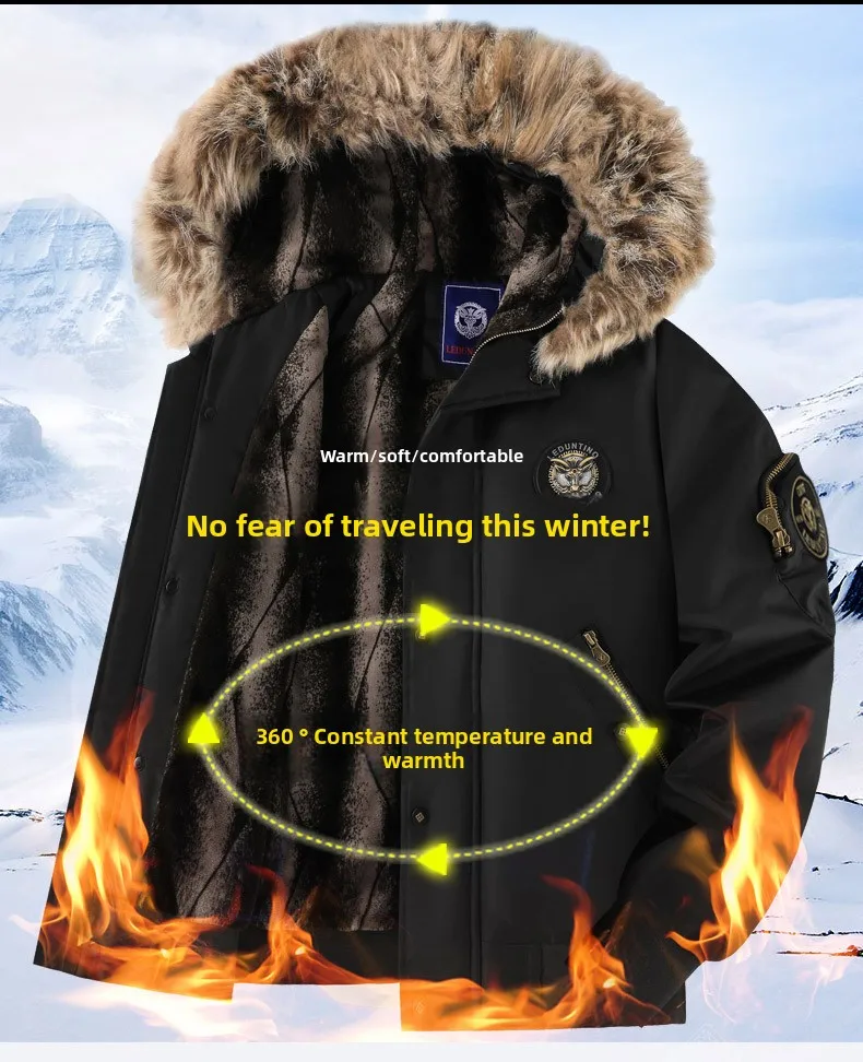 Men's Fashion Cargo Thick Warm Jackets With Fur Hood With Multi Pockets Fleece Lined Thermal Overcoat Windproof Outerwear