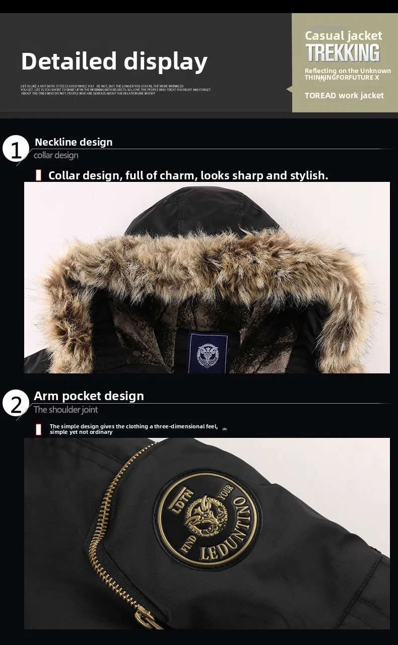 Men's Fashion Cargo Thick Warm Jackets With Fur Hood With Multi Pockets Fleece Lined Thermal Overcoat Windproof Outerwear