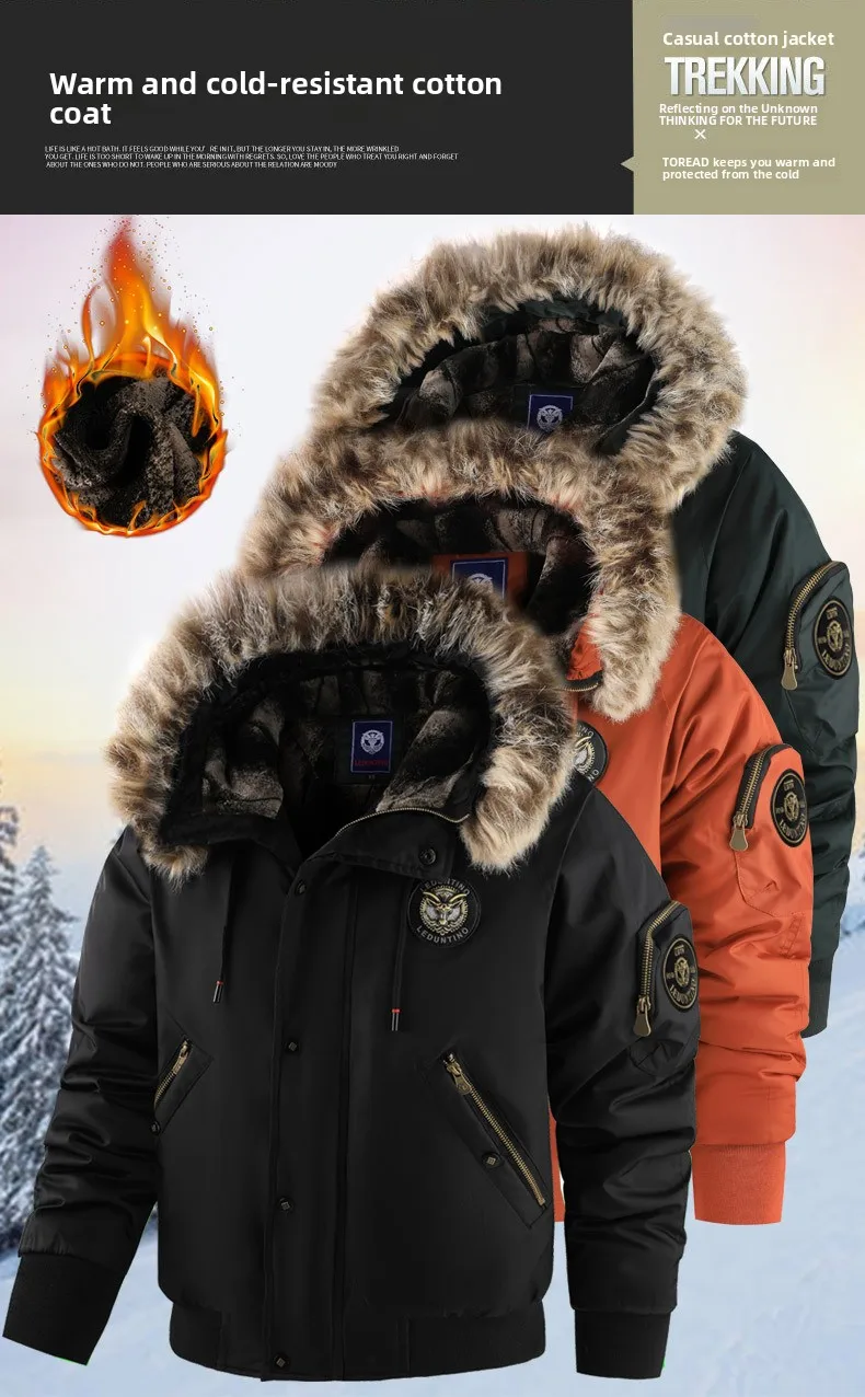 Men's Fashion Cargo Thick Warm Jackets With Fur Hood With Multi Pockets Fleece Lined Thermal Overcoat Windproof Outerwear