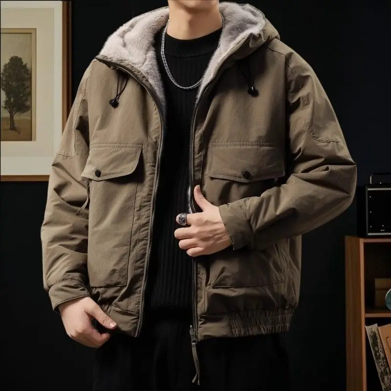 2026 New Thickened Warm Velvet Parkas Men Winter Solid Color Hooded Jackets Men's Pockets Cotton-padded Overcoats C952
