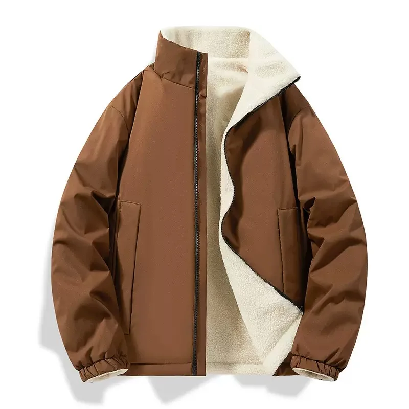 Winter new fashion solid color fleece-lined thickened warm windproof cotton jacket men's casual loose sports plus size coat