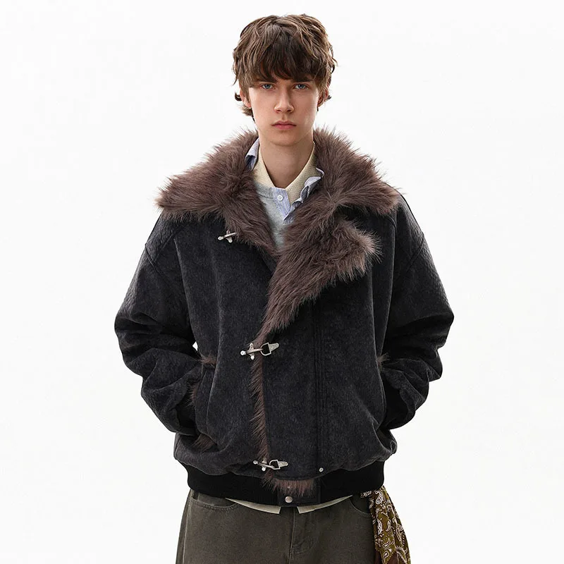 FEWQ American Style High Street Frosted PU Leather Fur Collar Men's Cotton Jacket Casual Thick Coat 2026 Autumn New 24W3545