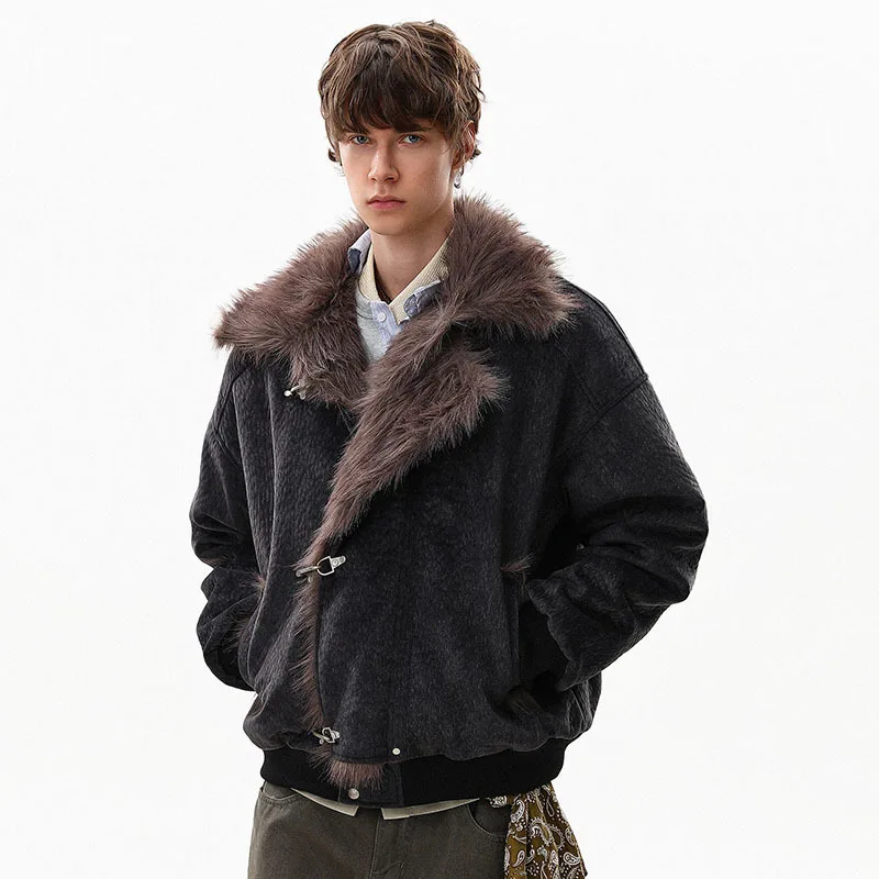 FEWQ American Style High Street Frosted PU Leather Fur Collar Men's Cotton Jacket Casual Thick Coat 2026 Autumn New 24W3545