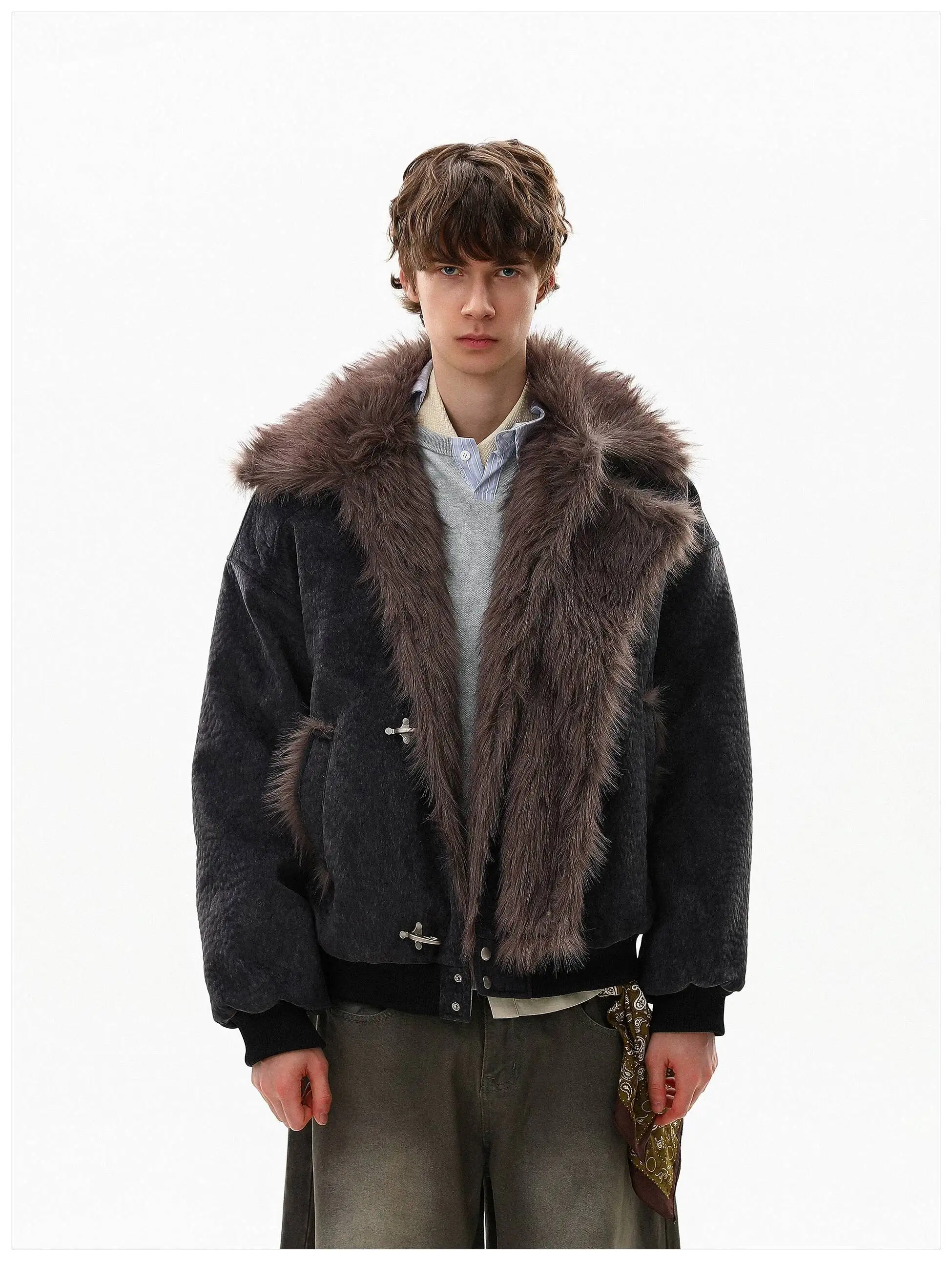 FEWQ American Style High Street Frosted PU Leather Fur Collar Men's Cotton Jacket Casual Thick Coat 2026 Autumn New 24W3545