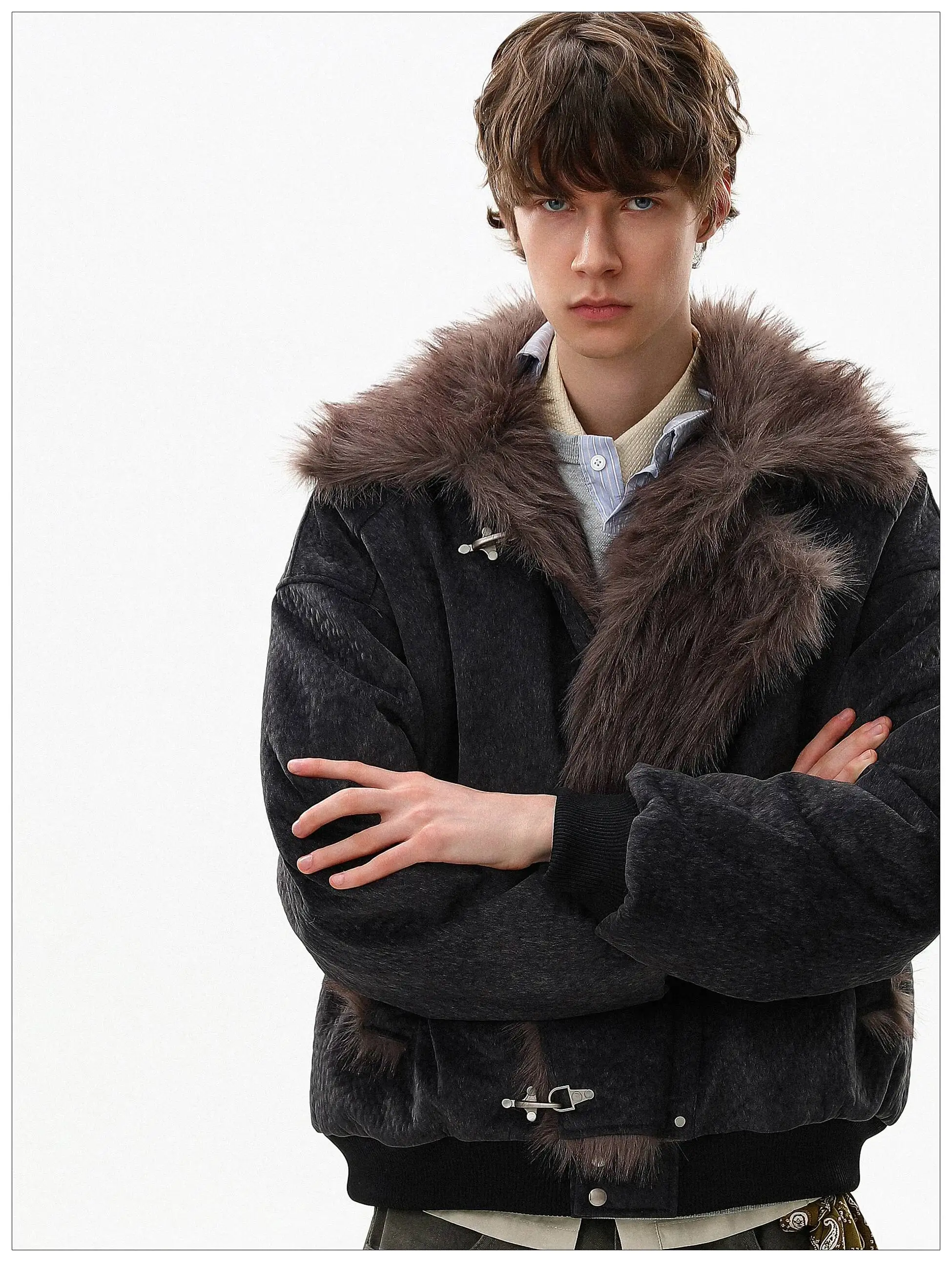 FEWQ American Style High Street Frosted PU Leather Fur Collar Men's Cotton Jacket Casual Thick Coat 2026 Autumn New 24W3545