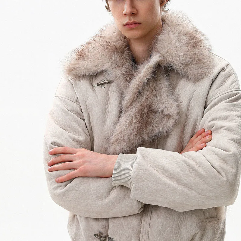 FEWQ American Style High Street Frosted PU Leather Fur Collar Men's Cotton Jacket Casual Thick Coat 2026 Autumn New 24W3545