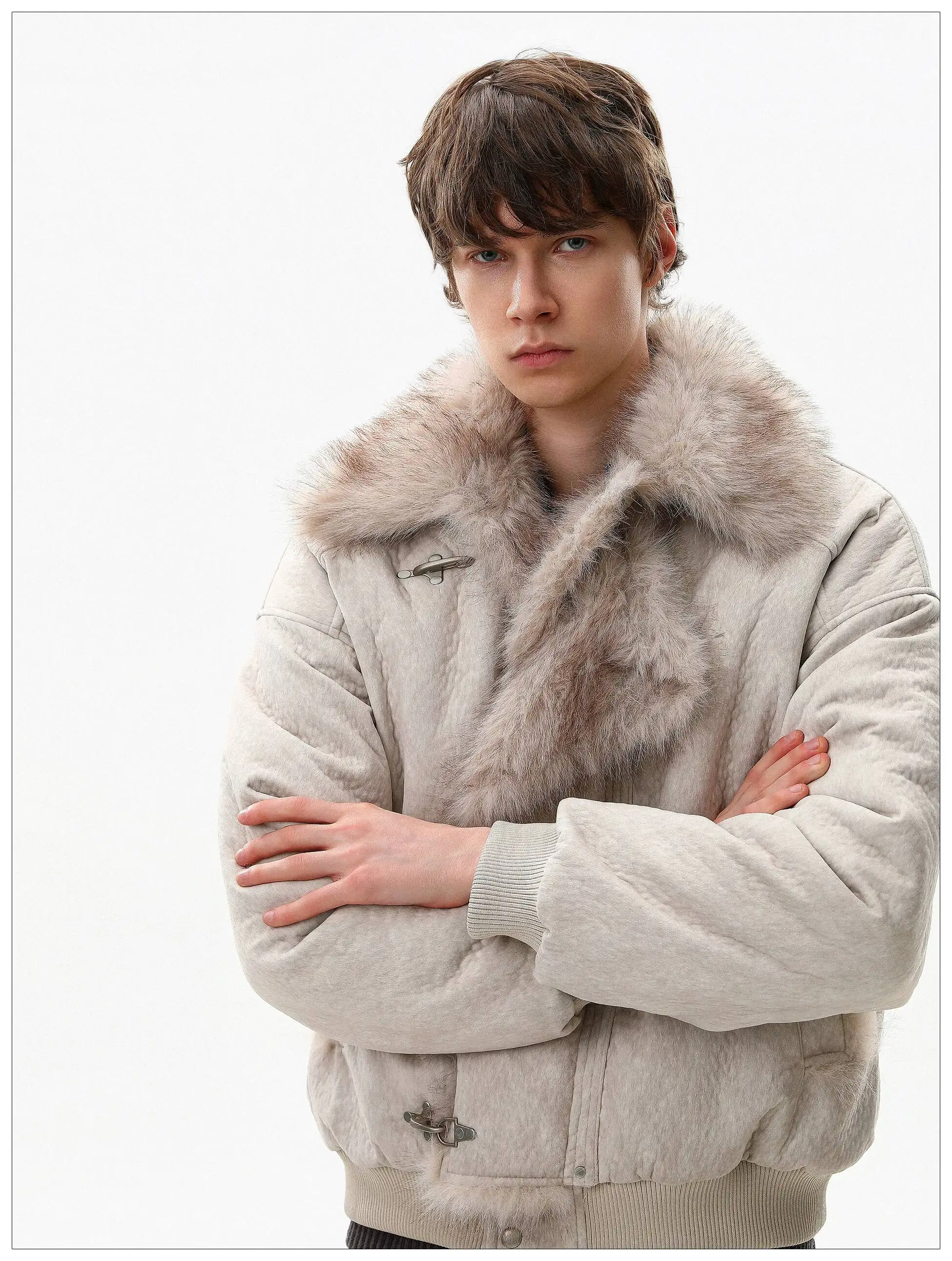 FEWQ American Style High Street Frosted PU Leather Fur Collar Men's Cotton Jacket Casual Thick Coat 2026 Autumn New 24W3545