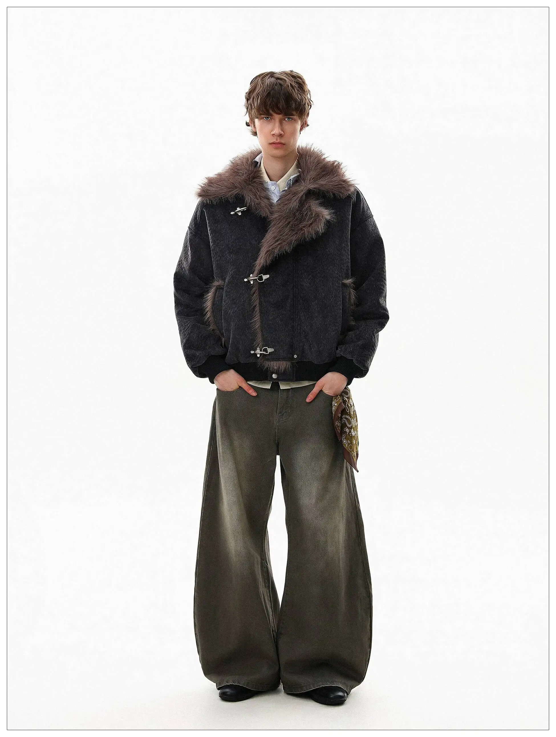 FEWQ American Style High Street Frosted PU Leather Fur Collar Men's Cotton Jacket Casual Thick Coat 2026 Autumn New 24W3545