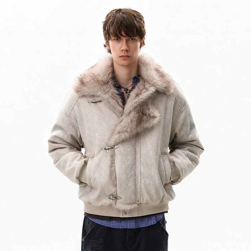 FEWQ American Style High Street Frosted PU Leather Fur Collar Men's Cotton Jacket Casual Thick Coat 2026 Autumn New 24W3545