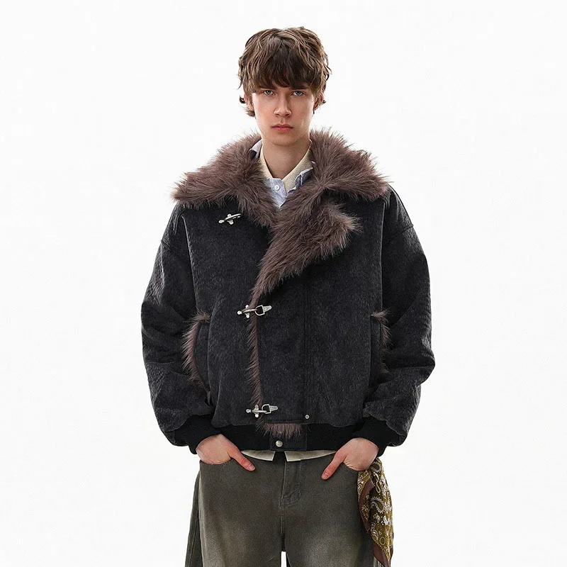 FEWQ American Style High Street Frosted PU Leather Fur Collar Men's Cotton Jacket Casual Thick Coat 2026 Autumn New 24W3545
