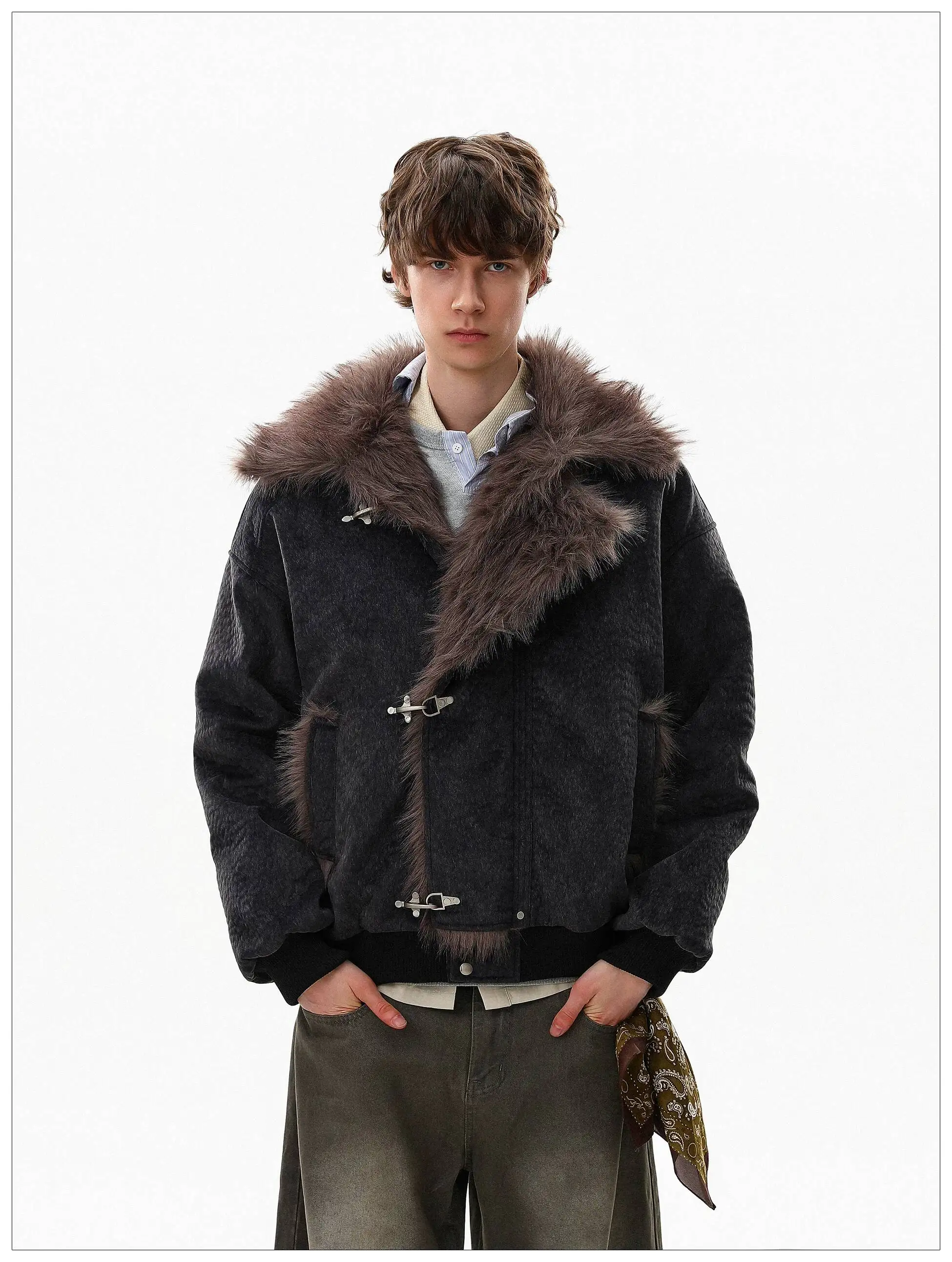 FEWQ American Style High Street Frosted PU Leather Fur Collar Men's Cotton Jacket Casual Thick Coat 2026 Autumn New 24W3545
