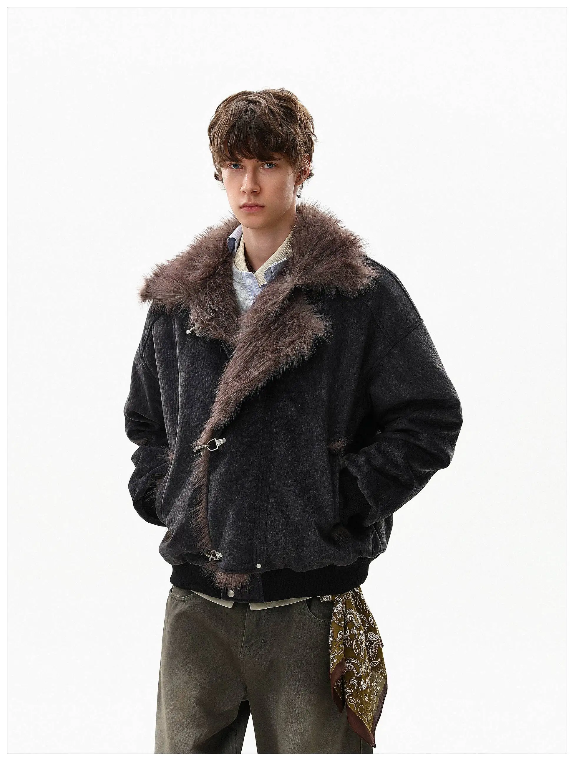 FEWQ American Style High Street Frosted PU Leather Fur Collar Men's Cotton Jacket Casual Thick Coat 2026 Autumn New 24W3545