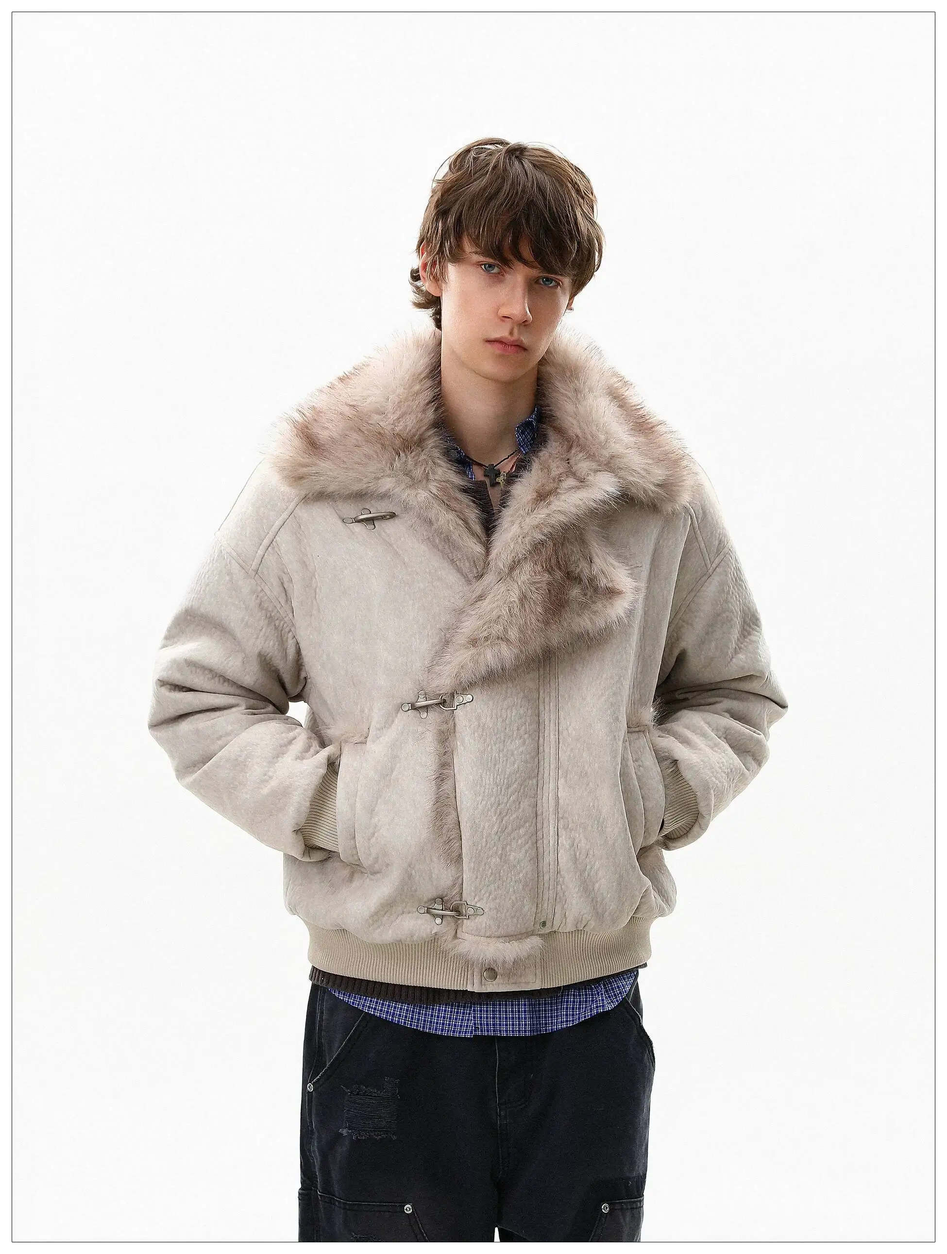 FEWQ American Style High Street Frosted PU Leather Fur Collar Men's Cotton Jacket Casual Thick Coat 2026 Autumn New 24W3545