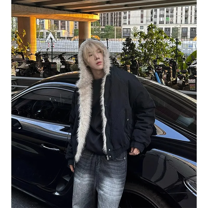 Men Hooded Fur Collar Winter Parkas Men American Street Style Short Length Parkas Men Fashion Casual Plus Velvet Cotton Jackets