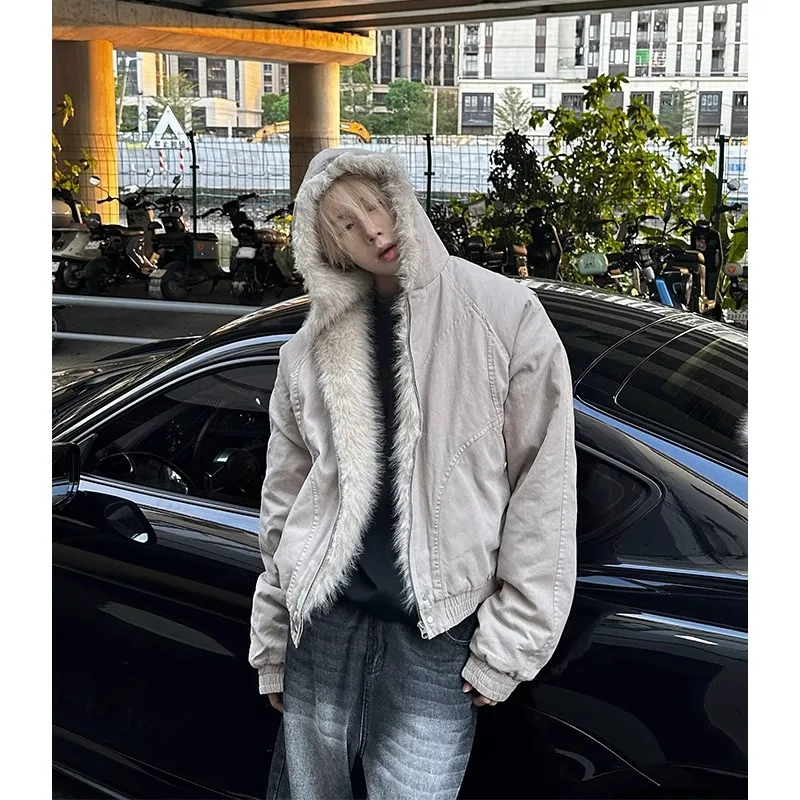Men Hooded Fur Collar Winter Parkas Men American Street Style Short Length Parkas Men Fashion Casual Plus Velvet Cotton Jackets