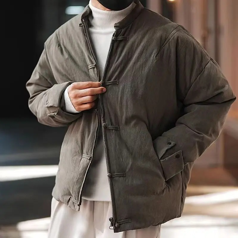 Juspinice Men's Chinese Style Streetwear Thickened Down Coat Frog Button Stand Collar Winter Warm Loose Quilted Jacket