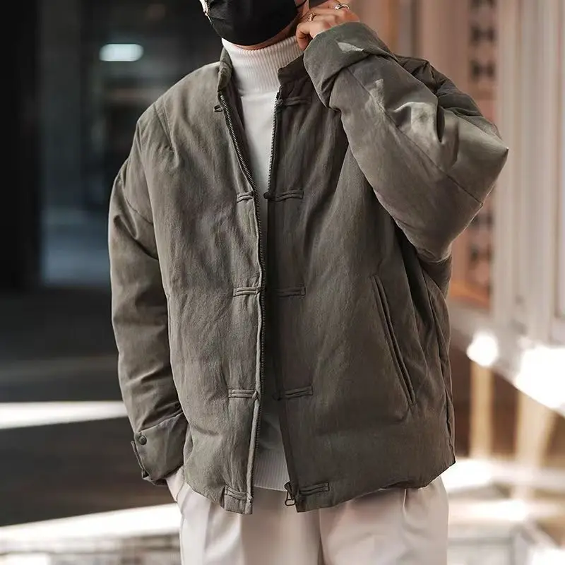 Juspinice Men's Chinese Style Streetwear Thickened Down Coat Frog Button Stand Collar Winter Warm Loose Quilted Jacket