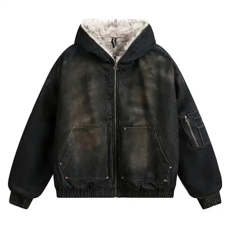 IEFB Men's Vintage Washed Denim Hooded Quilted Padded Jacket Autumn Winter Faux Fur Lined Zipper Thickened Cottonpadded Coat