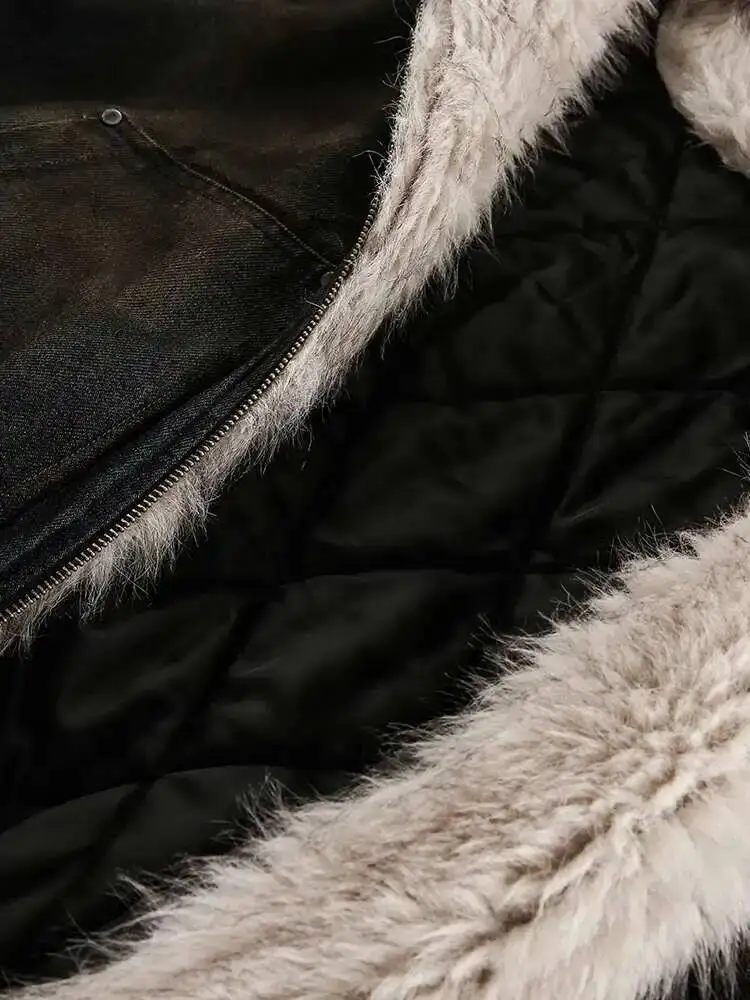 IEFB Men's Vintage Washed Denim Hooded Quilted Padded Jacket Autumn Winter Faux Fur Lined Zipper Thickened Cottonpadded Coat