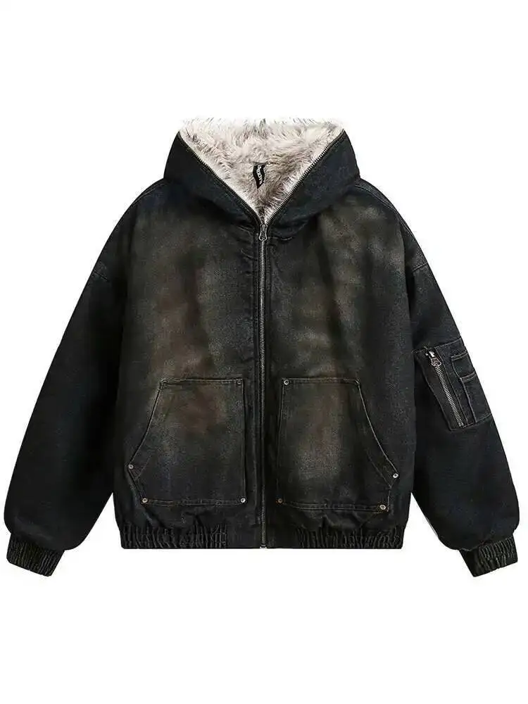 IEFB Men's Vintage Washed Denim Hooded Quilted Padded Jacket Autumn Winter Faux Fur Lined Zipper Thickened Cottonpadded Coat
