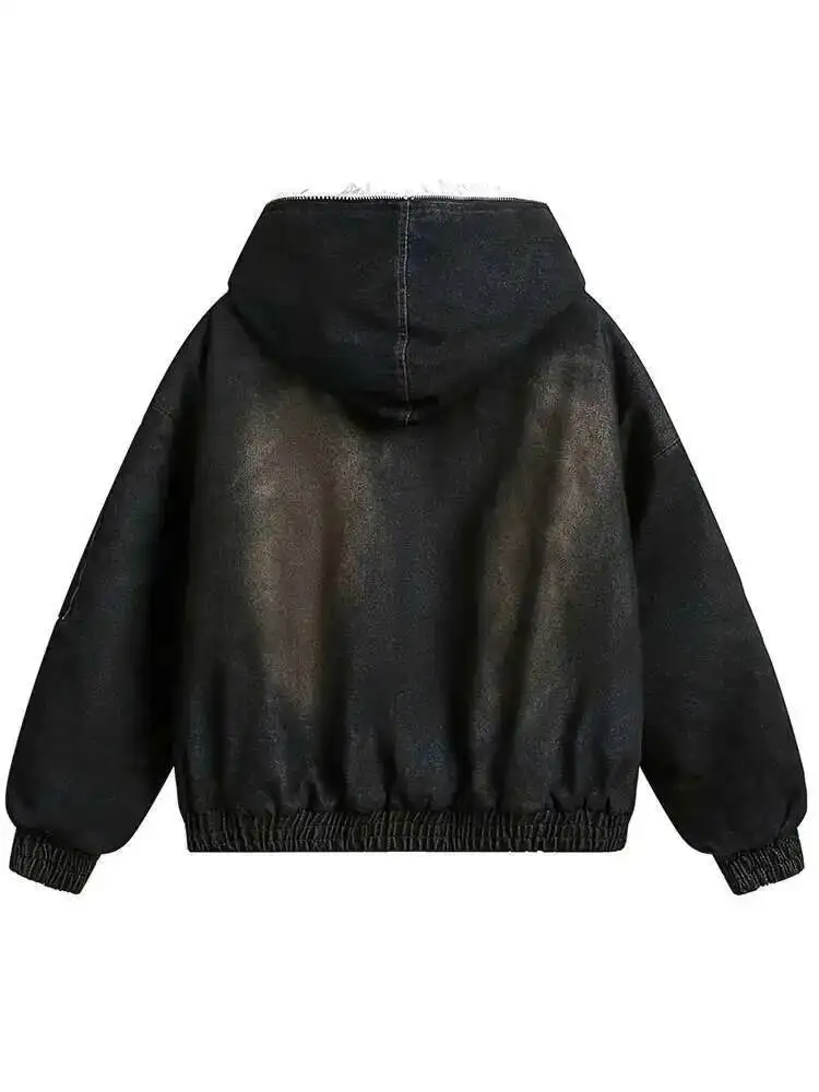 IEFB Men's Vintage Washed Denim Hooded Quilted Padded Jacket Autumn Winter Faux Fur Lined Zipper Thickened Cottonpadded Coat