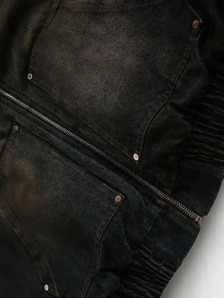 IEFB Men's Vintage Washed Denim Hooded Quilted Padded Jacket Autumn Winter Faux Fur Lined Zipper Thickened Cottonpadded Coat