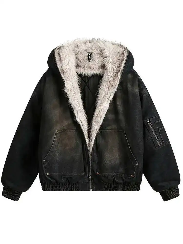 IEFB Men's Vintage Washed Denim Hooded Quilted Padded Jacket Autumn Winter Faux Fur Lined Zipper Thickened Cottonpadded Coat