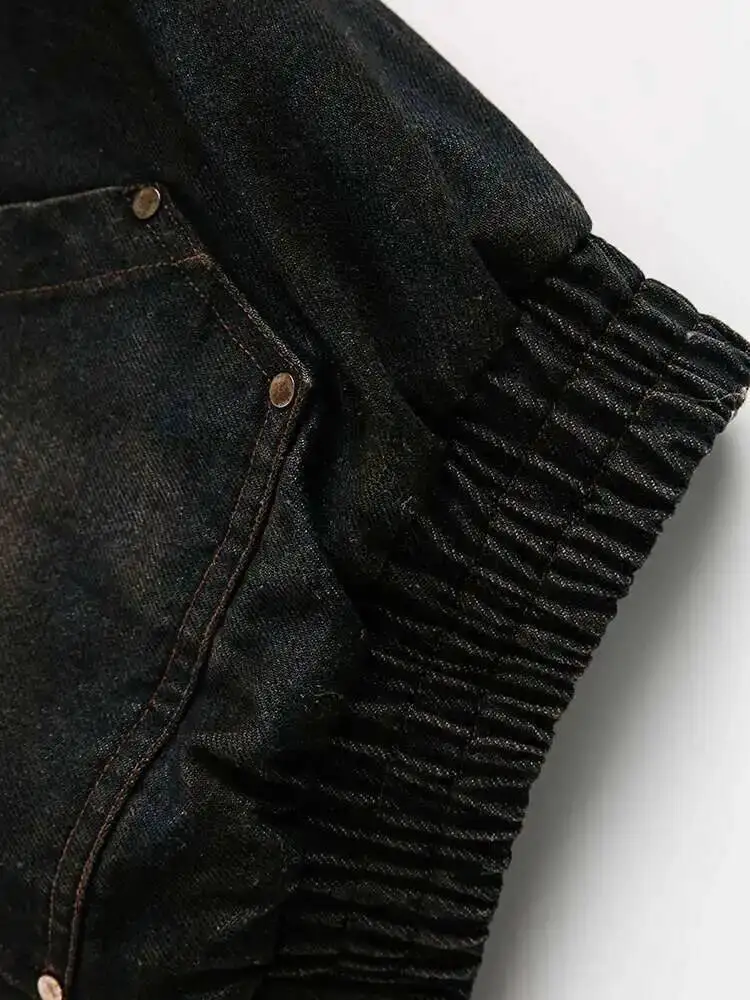 IEFB Men's Vintage Washed Denim Hooded Quilted Padded Jacket Autumn Winter Faux Fur Lined Zipper Thickened Cottonpadded Coat