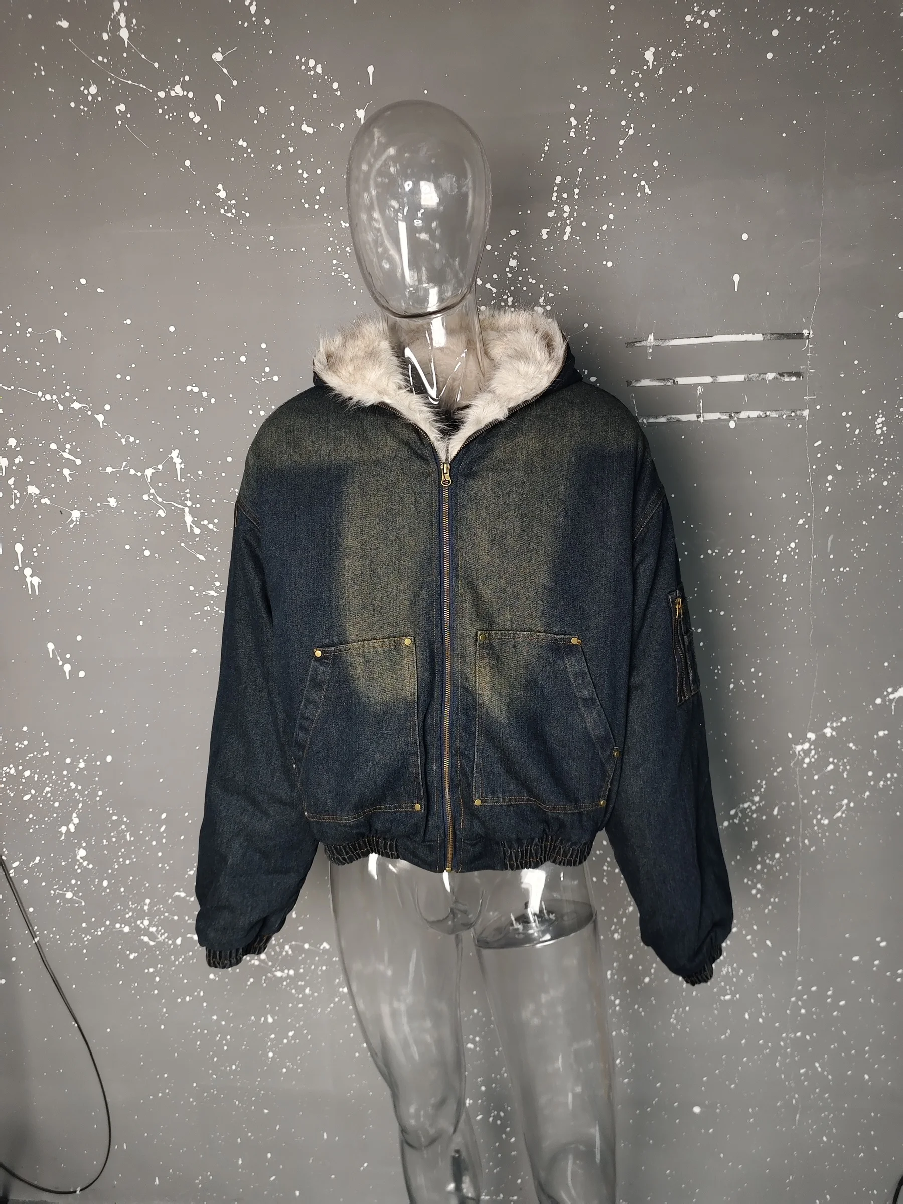 IEFB Men's Vintage Washed Denim Hooded Quilted Padded Jacket Autumn Winter Faux Fur Lined Zipper Thickened Cottonpadded Coat