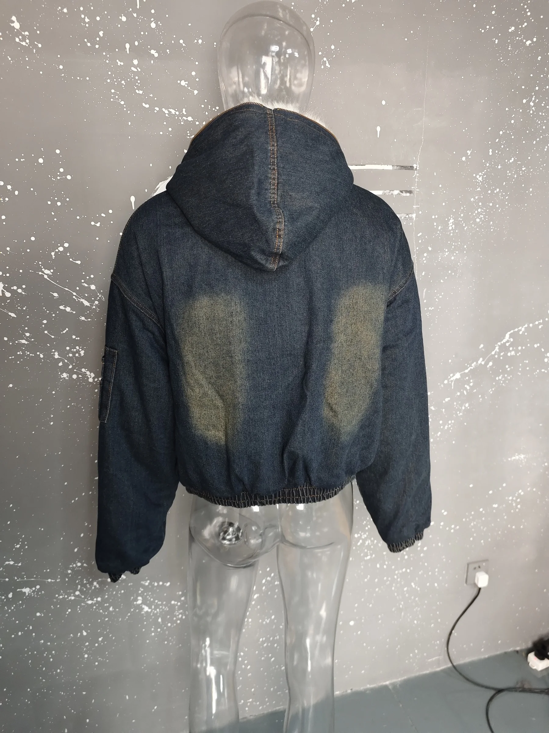 IEFB Men's Vintage Washed Denim Hooded Quilted Padded Jacket Autumn Winter Faux Fur Lined Zipper Thickened Cottonpadded Coat