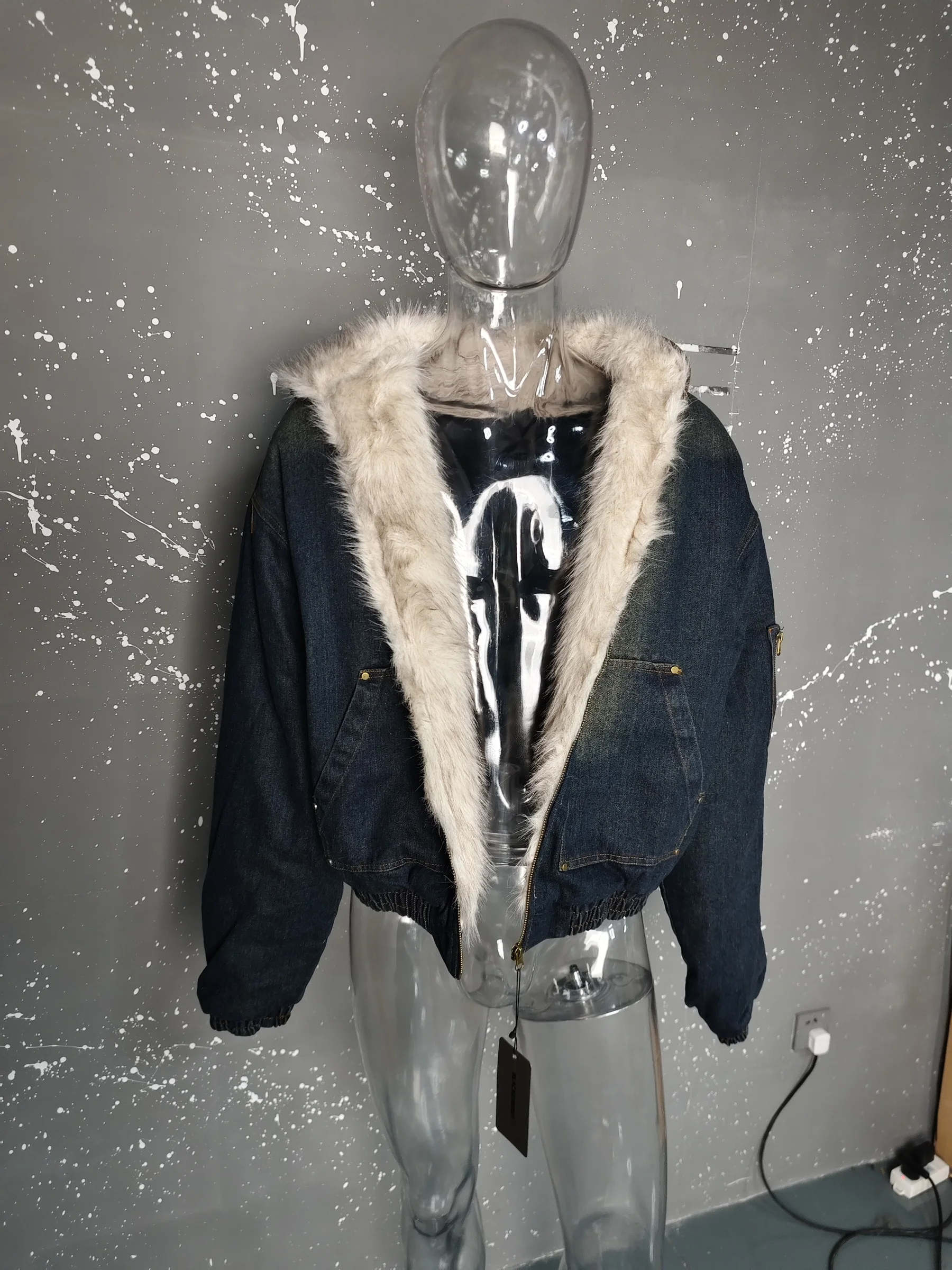 IEFB Men's Vintage Washed Denim Hooded Quilted Padded Jacket Autumn Winter Faux Fur Lined Zipper Thickened Cottonpadded Coat