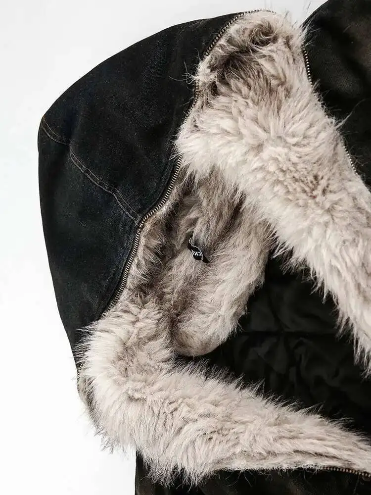 IEFB Men's Vintage Washed Denim Hooded Quilted Padded Jacket Autumn Winter Faux Fur Lined Zipper Thickened Cottonpadded Coat