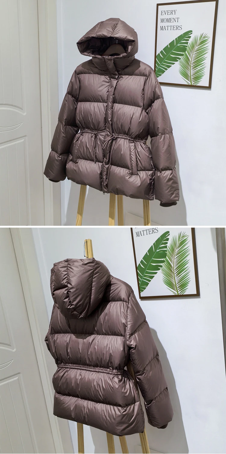Schinteon Women Belted Down Jacket with Hood Autumn Winter Warm Thick Outwear White Duck Down Casual Coat 2026 New