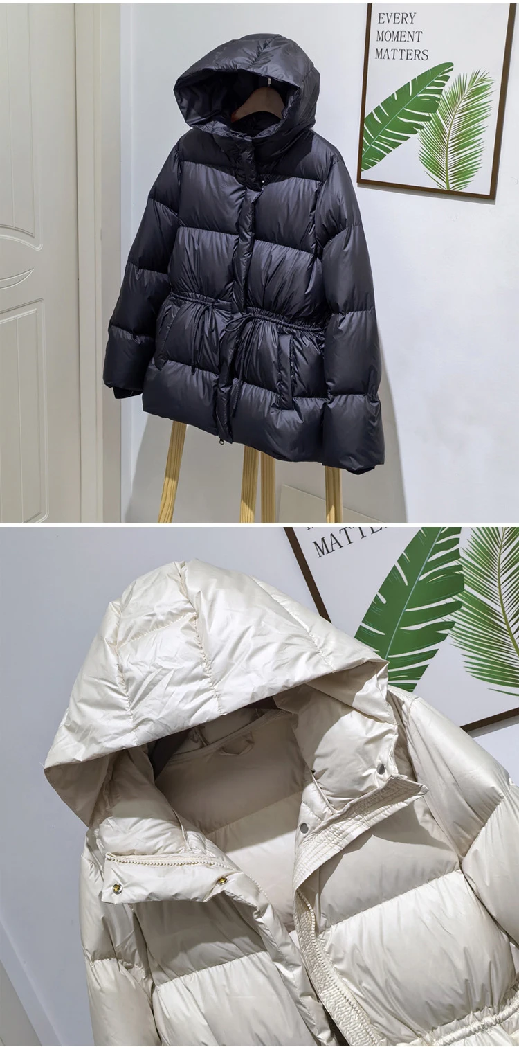 Schinteon Women Belted Down Jacket with Hood Autumn Winter Warm Thick Outwear White Duck Down Casual Coat 2026 New
