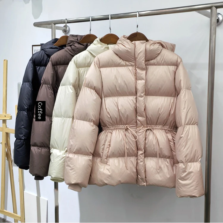 Schinteon Women Belted Down Jacket with Hood Autumn Winter Warm Thick Outwear White Duck Down Casual Coat 2026 New