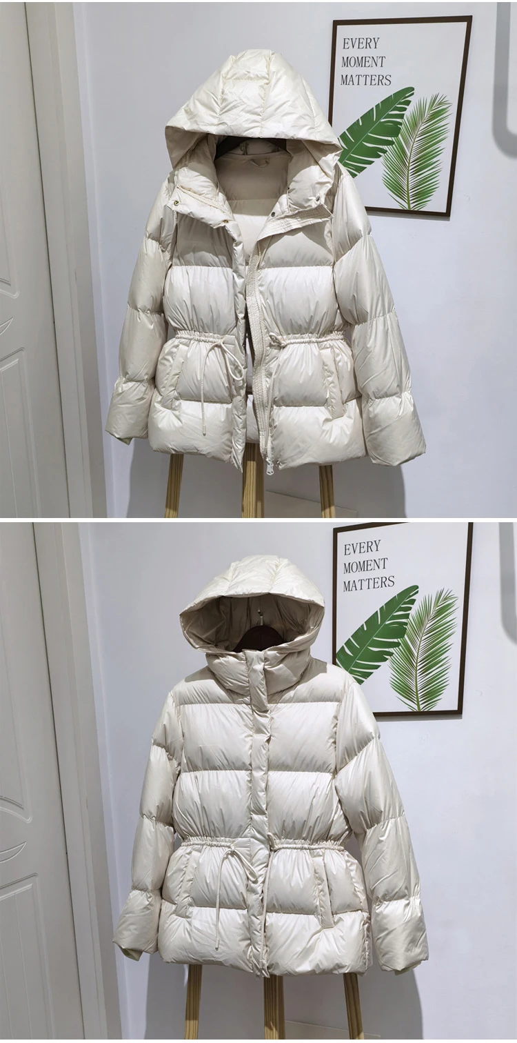 Schinteon Women Belted Down Jacket with Hood Autumn Winter Warm Thick Outwear White Duck Down Casual Coat 2026 New