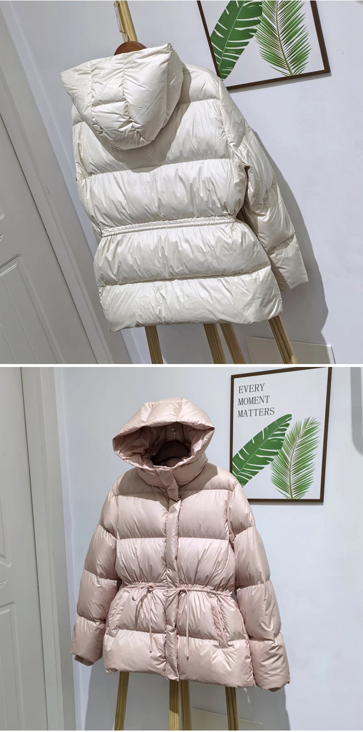 Schinteon Women Belted Down Jacket with Hood Autumn Winter Warm Thick Outwear White Duck Down Casual Coat 2026 New