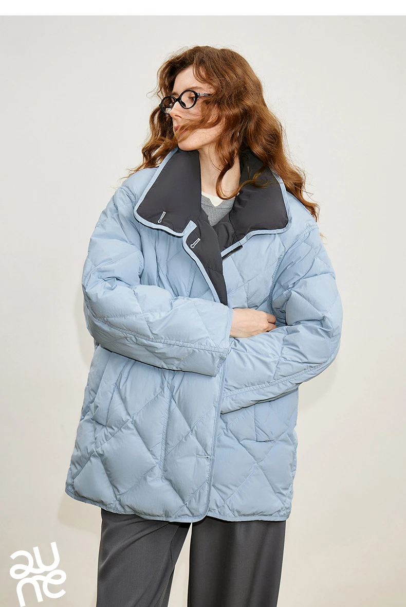 TOYOUTH Women 90% White Duck Down Jacket 2025 Winter New Diamond Grid Double Side Contrasting Color Splicing Jacket Coat