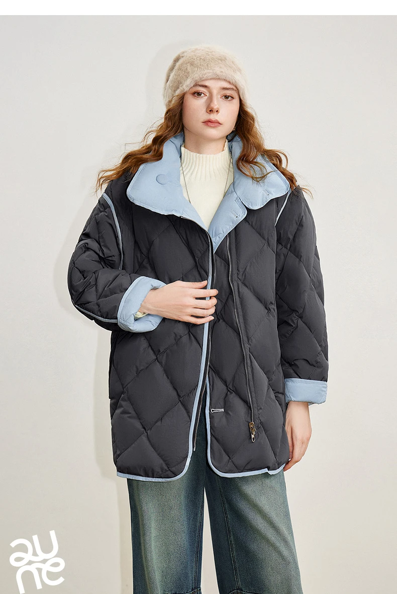 TOYOUTH Women 90% White Duck Down Jacket 2025 Winter New Diamond Grid Double Side Contrasting Color Splicing Jacket Coat